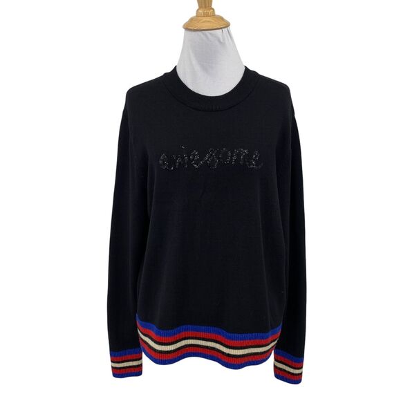 Desigual Sweater Women L Large Black Crew Neck Awesome Sequin Logo Multi Trim - Picture 1 of 11